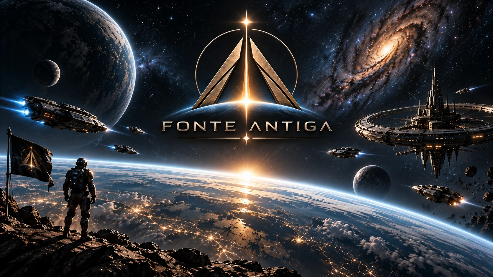 A colony world in orbit above a star, with the Fonte Antiga title