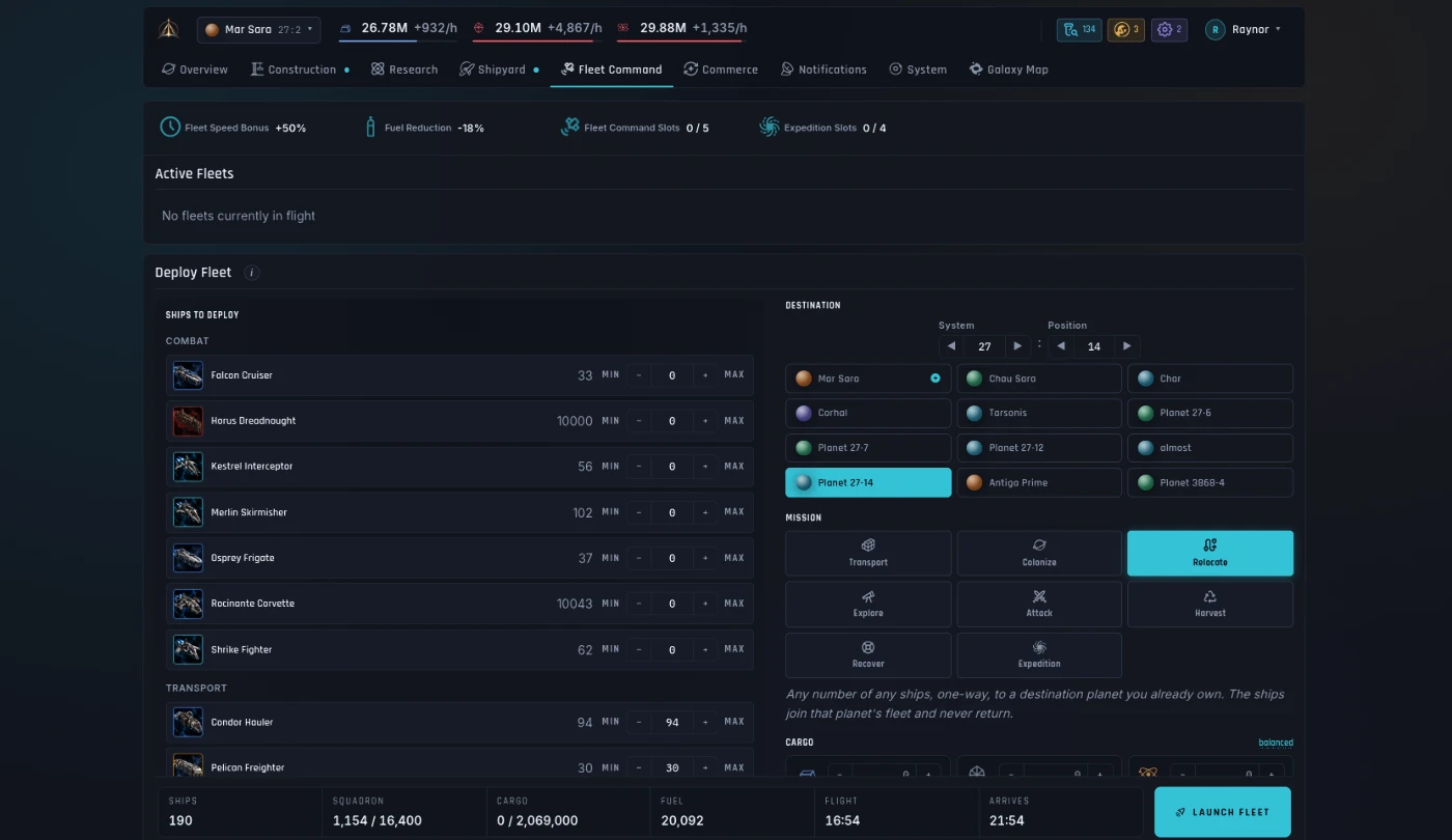 Fleet command: ship selection, destination, mission, cargo, and a fuel and flight-time preview.