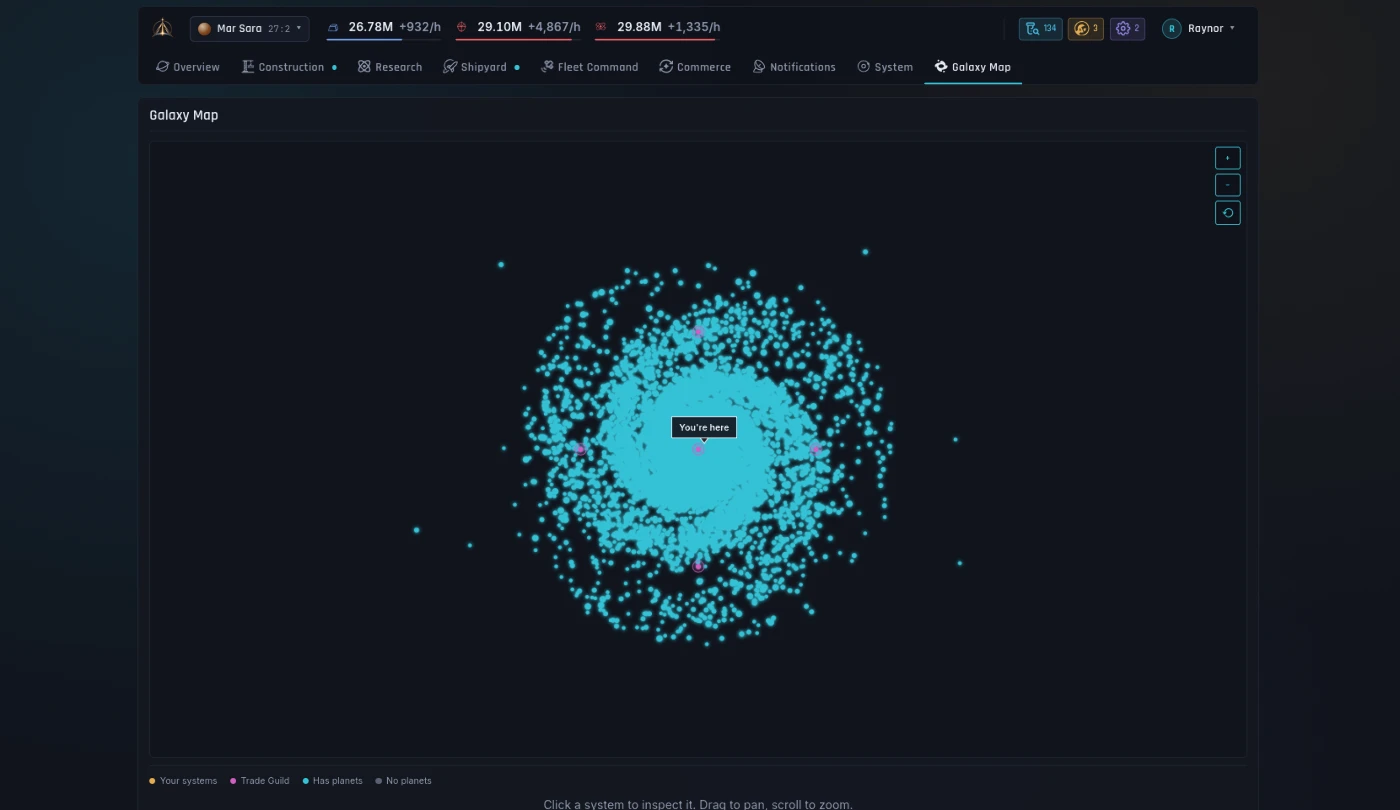 Galaxy map: every system in the galaxy, pannable and zoomable.