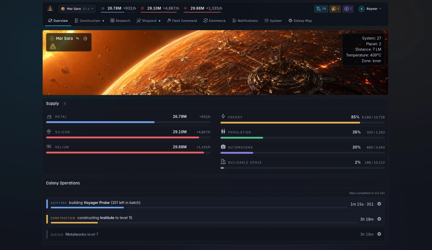 Overview: stored resources and hourly rates, energy, labor and buildable space, and the running queues.