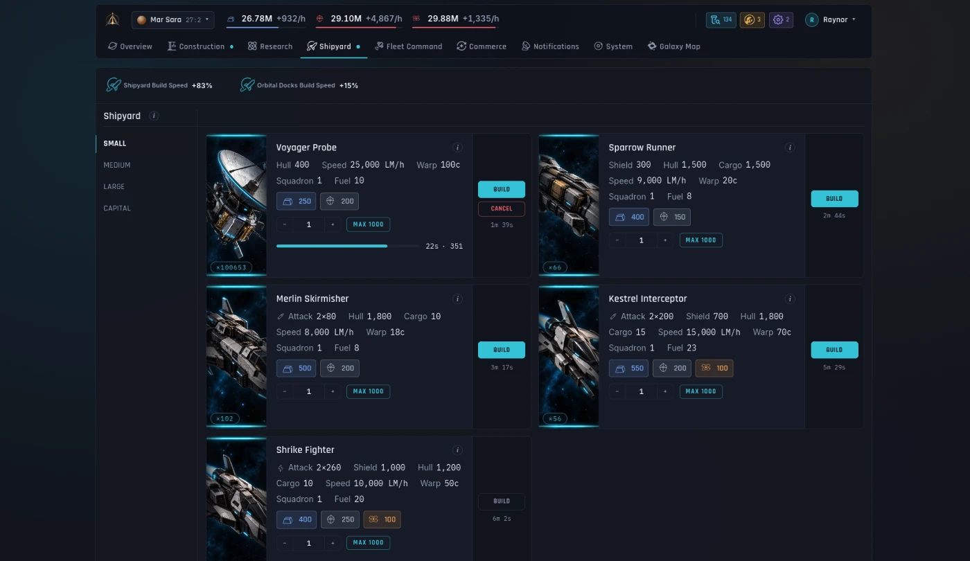 Shipyard: hulls and defense structures, with combat stats and build times.