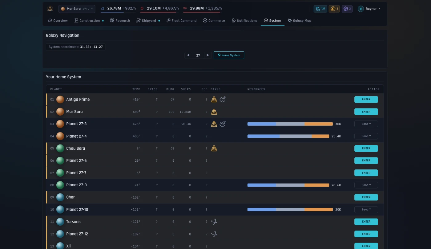 System view: every planet slot in a system, available to claim or explore.